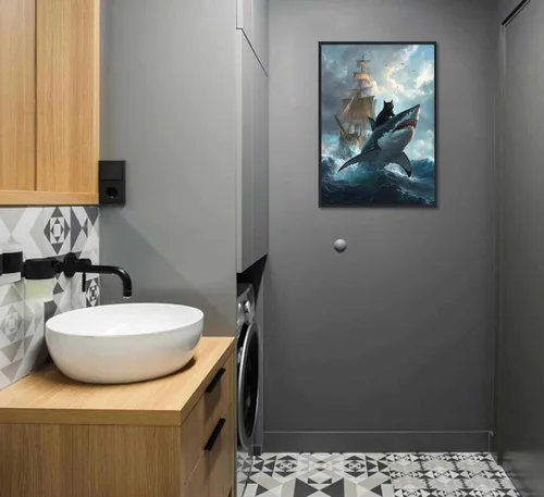 Vista 7 de Marco negro de dibujos animados lindo gato negro arte de pared retro gato negro contra tiburón, divertido póster con impresión de gato extravagante