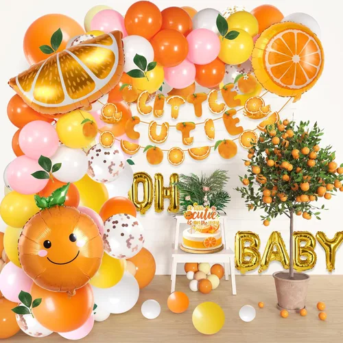 Vista 6 de Little Cutie Decoraciones para Baby Shower, Suministros para Fiesta de Baby Shower con Tema Naranja, con Globos Naranjas, Adornos para Cupcakes