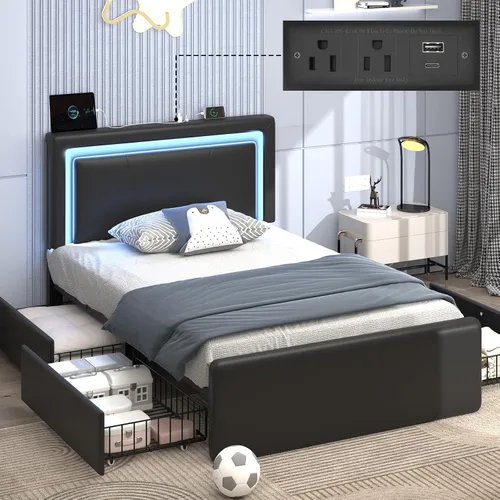 Vista 9 de Base de cama tamaño individual con 4 cajones de almacenamiento, luz LED, tapizado negro Platform Bed, Charging Station, Adjustable Headboard, PU