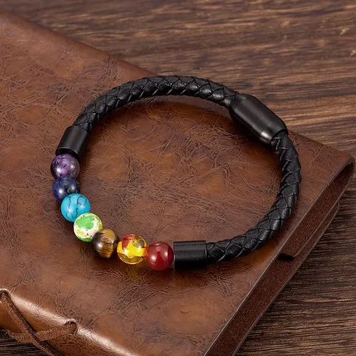 Vista 3 de Zboro - Pulsera de 7 chakras con cuero genuino para hombres y mujeres, cristal natural, curativo para la ansiedad, pulsera de meditación