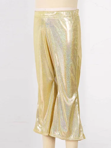 Vista 4 de Agoky Pantalones de baile de lentejuelas brillantes para niñas y niñas, pantalones acampanados de pierna ancha, pantalones acampanados para hip hop