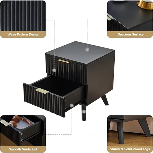 Vista 3 de Juego de 2 mesitas de noche con cajones, mesa de noche moderna grande con rayas y 2 cajones, juego de mesitas de noche estilo mediados de siglo