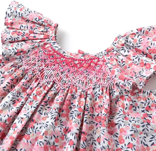 Vista 4 de Simplee kids Vestido fruncido de verano para niña, vestido casual de manga corta, estampado floral, vestido de princesa para niños pequeños