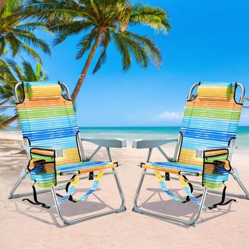 Vista 9 de GVDV Sillas de playa tipo mochila para adultos, silla plegable plana portátil con portavasos y toalleros, silla reclinable ajustable de 4 posiciones