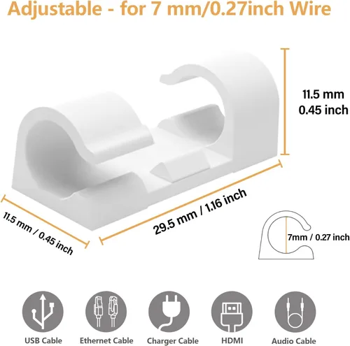 Vista 3 de 60 clips blancos para cables con adhesivo 3M, soportes para cables debajo del escritorio, gestión de cables para pared, automóvil, Ethernet, PC, luz