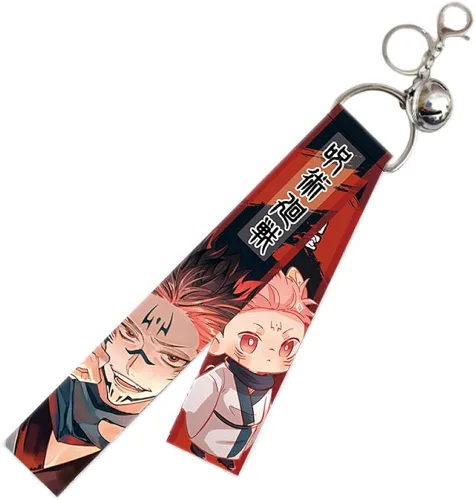Vista 4 de RJZMING 5 llaveros Jujutsu Kaisen Gojo Satoru Cosplay Itadori Yuji Nobara Kugisaki Cosplay disfraces llaveros colgantes con cinta y campana