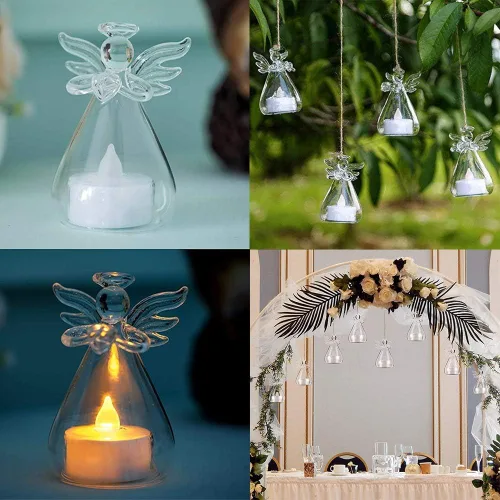 Vista 5 de Paquete de 12 portavelas de cristal colgantes, candelabros de ángel con vela LED en el interior, decoración votiva para boda, fiesta, restaurante