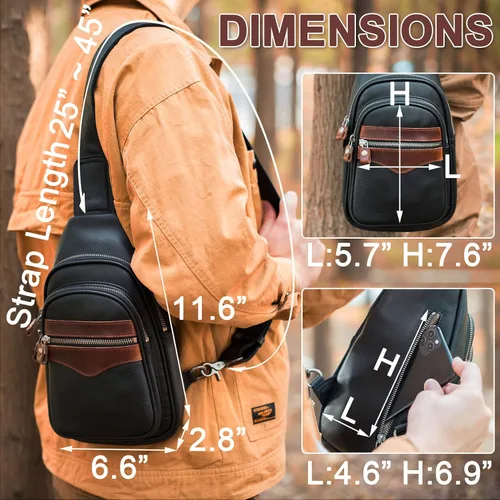 Vista 3 de CENUNCO Bolso bandolera de cuero genuino para hombres y mujeres, mochila cruzada oculta en el pecho, bolsa de viaje antirrobo, Negro -, Bolsa
