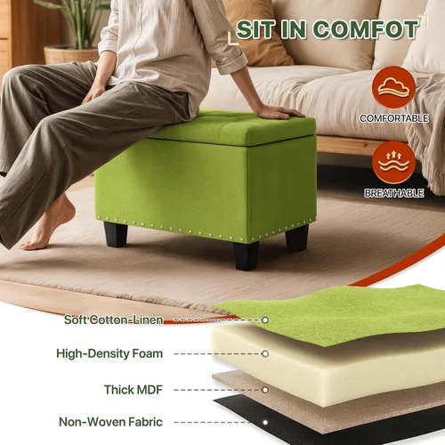 Vista 7 de MoNiBloom Banco otomano de 24 pulgadas con almacenamiento para dormitorio, banco contemporáneo de lino verde copetudo, reposapiés, taburete otomano