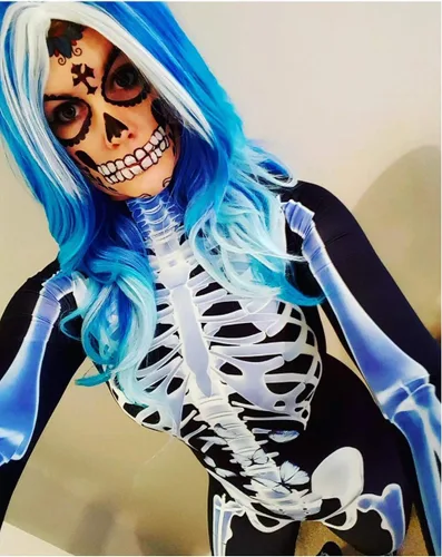 Vista 4 de Fixmatti - Disfraz de fiesta de Halloween para mujer, traje de manga larga con estampado de calavera