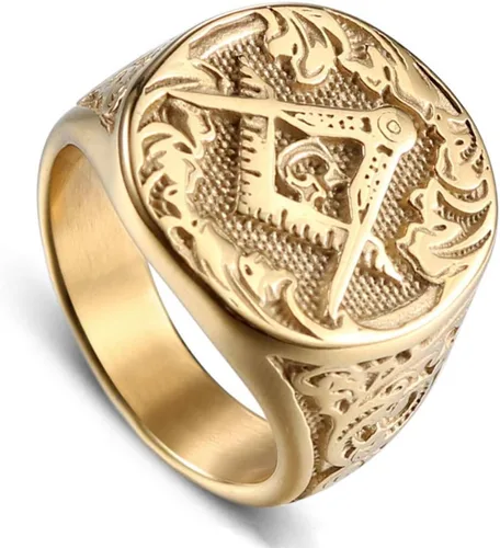Vista 2 de IFUAQZ Anillos de acero inoxidable bañados en oro masónico masón para hombre, joyería clásica de Master Mason, Metal, Sin piedras preciosas