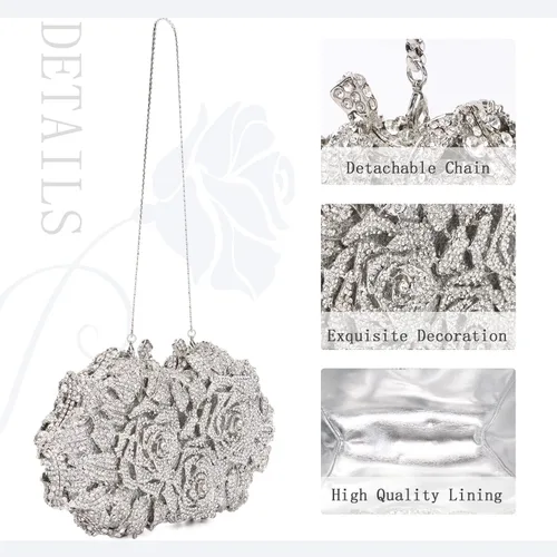 Vista 4 de Ynport Bolso de noche gótico de cristal con diamantes de imitación para mujer, diseño floral, boda, fiesta, diamantes brillantes