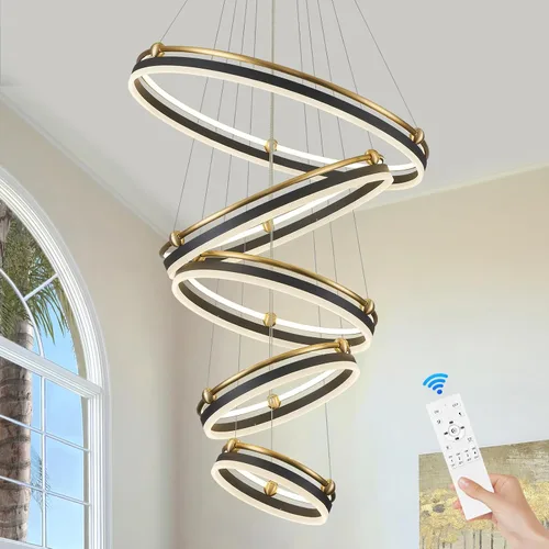 Vista 12 de Benkut Lámpara colgante LED moderna D24 pulgadas, color negro dorado, lámpara LED circular regulable, 1 anillo con control remoto, luz colgante