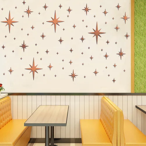 Vista 2 de 1 hoja de 82 calcomanías acrílicas de pared con diseño de estrella de espejo de estrella, color oro rosa, fáciles de pelar, autoadhesivas