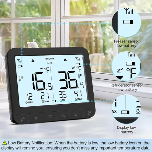 Vista 3 de Geevon Termómetro digital para refrigerador con alarma, icono de advertencia de batería baja, pantalla LCD de temperatura máxima/mínima, adecuado