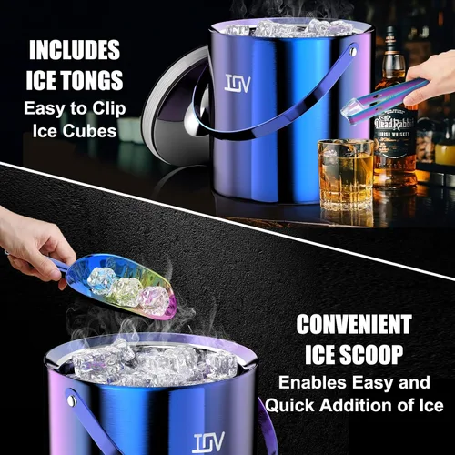 Vista 6 de IOV Cubo de hielo con tapa, cuchara, pinzas y colador, cubo de hielo aislado de doble pared de acero inoxidable de 3 L para fiestas, mantiene