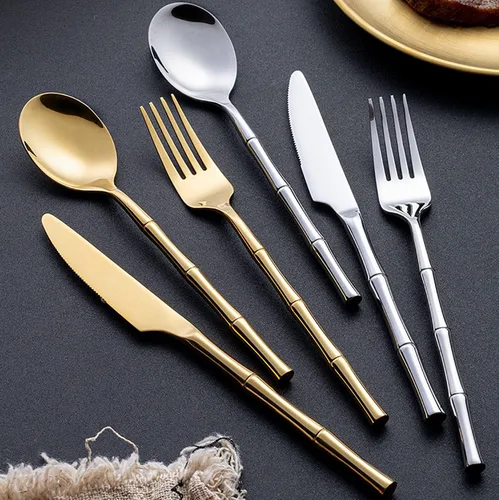 Vista 4 de Juego de cubiertos de bambú dorado de 30 piezas para 6 juegos de cubiertos duraderos de acero inoxidable 18/10, utensilios de cocina para el hogar