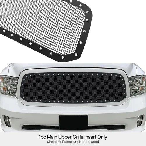 Vista 3 de APS Compatible con Ram 1500 2013-2018 y 19-21 Ram 1500 Classic Main Upper Acero inoxidable Negro Malla Remache Studs Front Grill Insert DL5986H