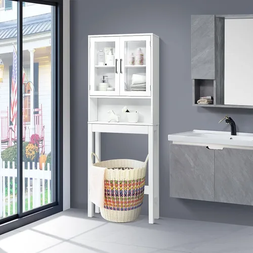 Vista 2 de WATERJOY Gabinete de almacenamiento sobre el inodoro, organizador de gabinete de baño con 2 puertas de vidrio templado Moru, estante para inodoro