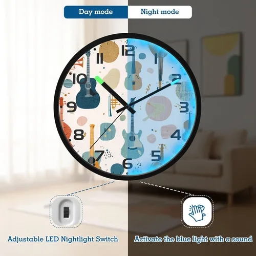 Vista 6 de Reloj de pared analógico retro de 12 pulgadas, funciona con pilas con luces LED para sala de estar, dormitorio, cocina, oficina, decoración, batería