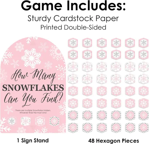 Vista 4 de Big Dot of Happiness Pink Winter Wonderland – Fiesta de cumpleaños de copo de nieve y caza del tesoro de baby shower – 1 soporte y 48 piezas