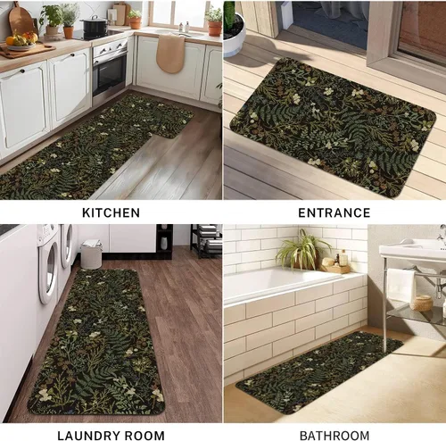 Vista 7 de Alfombras de Cocina Vintage Negras y Verdes Botánicas, Juego de 2 Alfombras de Cocina Antideslizantes Lavables, Tapetes de Cocina con Helechos