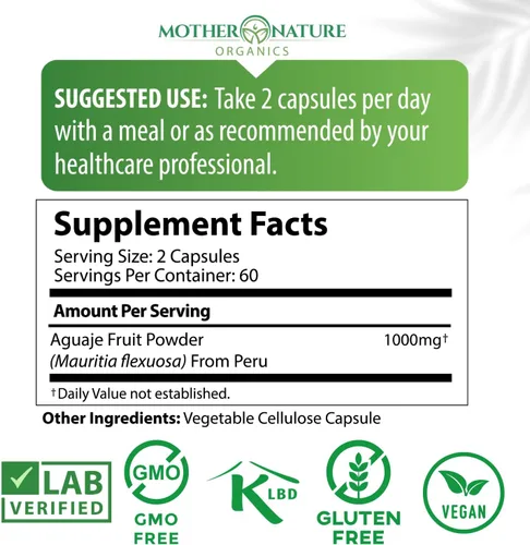 Vista 3 de Suplemento de fruta Aguaje, 0.017 oz x 100 cápsulas veganas, la fruta mágica para las mujeres, realza las curvas, equilibrante hormonal, cosecha