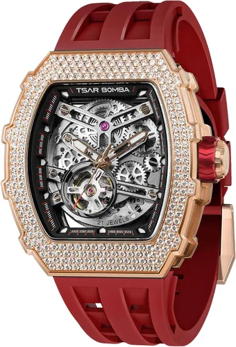 Vista 34 de Tsar Bomba Men's Automatic Watch Tonneau Luxury Skeleton Watch for Men Mechanical 50M Waterproof Wristwatch Gift for Men 08tc-whi