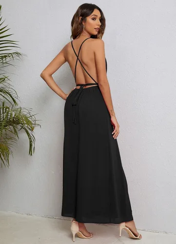 Vista 4 de CMZ2005 Vestido largo sin mangas para mujer sin espalda con tirantes cruzados cuello en V profundo sexy doble abertura alta vestido de fiesta