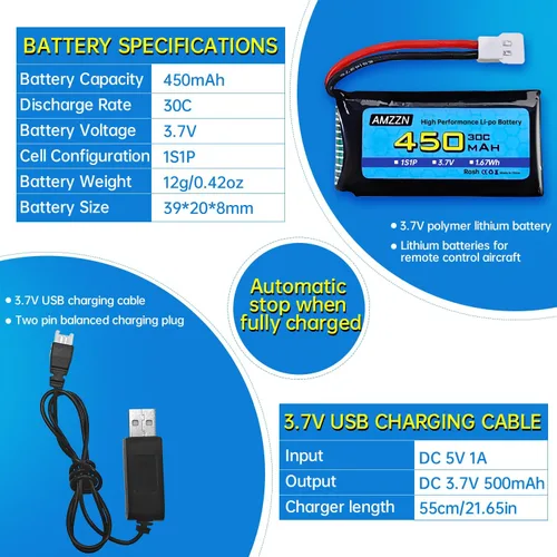 Vista 3 de 2 baterías Lipo de 3.7 V 450 mAh 30C con cable de carga USB, enchufe Molex compatible con la mayoría de drones RC, aviones de cuatro ejes y modelos