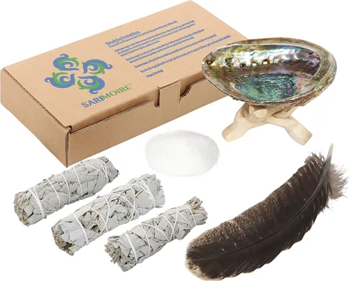 Vista 2 de Kit de Sahumerio de Salvia - Varitas de Salvia Blanca para Sahumerio - 4 pulgadas ~ Concha de Abulón de 5-6 pulgadas ~ Soporte de Trípode de 2