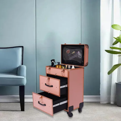 Vista 2 de Estuche de maquillaje profesional con ruedas, con cajones, carrito grande para cosméticos con cerraduras, organizador de almacenamiento