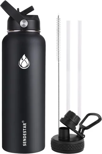 Vista 69 de SENDESTAR Botella de agua aislada de 24 onzas, boca ancha, botella de agua de 24 onzas con tapa con popote, tapa de boquilla, acero inoxidable