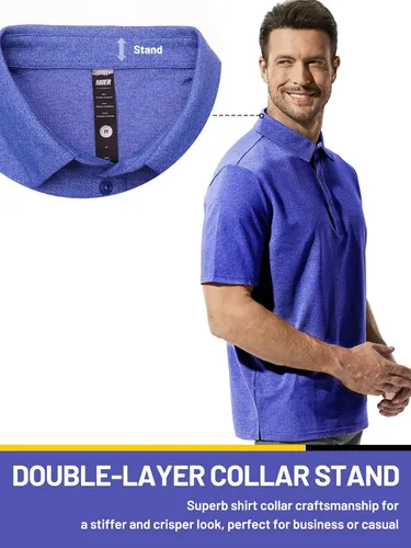 Vista 3 de MIER Camisas polo para hombre, ajuste regular, de algodón, de manga corta, transpirable, casual, con cuello