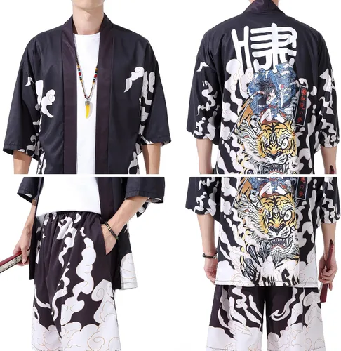 Vista 7 de PRIJOUHE Conjunto de kimono de estilo japonés para hombre, ligero, casual, con siete mangas, frente abierto, cárdigan y pantalones cortos