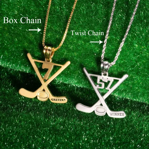 Vista 4 de AILIN Collar de hockey personalizado de plata de ley 925 con número de la suerte y nombre, colgante de grabado personalizado, palos de hockey sobre