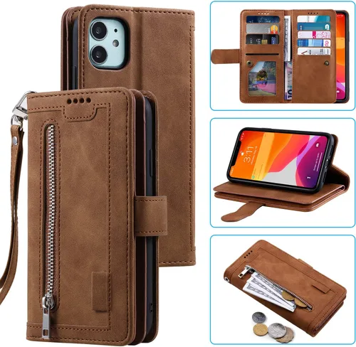 Vista 13 de UEEBAI Funda tipo cartera para iPhone 11 de 6.1 pulgadas, 9 ranuras para tarjetas retro con bolsillo con cremallera, cierre magnético, función atril