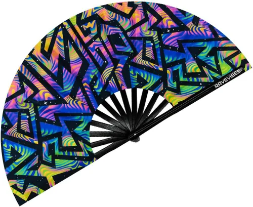 Vista 16 de Ravevibes Ventilador de mano plegable grande de 13 pulgadas, ventilador de bambú para festivales de bambú, ventiladores plegables con brillo UV
