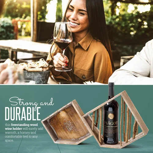 Vista 7 de Soporte para botellas de vino – Estante individual de madera de abedul rústico para botellas de vino con soporte de corcho, vitrina de madera