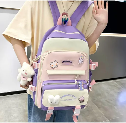 Vista 3 de Juego de 5 mochilas kawaii con colgante de oso y alfileres - Kit de mochila de conejito de anime japonés con diseño de retazos, Púrpura, Japonés