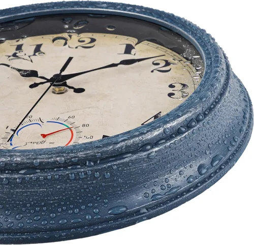 Vista 6 de Relojes para exteriores impermeables con termómetro, reloj de pared costero rústico para patio, piscina, jardín (12 pulgadas, azul)