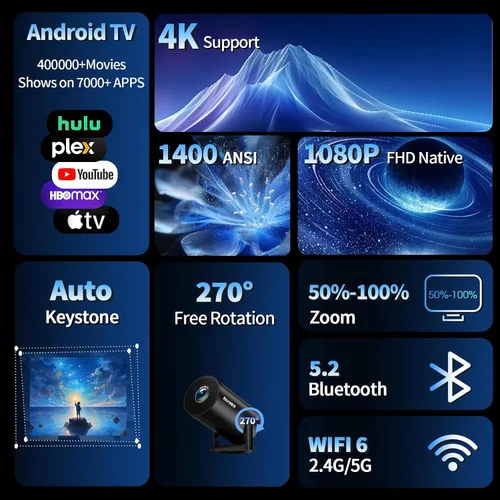 Vista 2 de Mini proyector 4K compatible con 1080P FHD - Keystone automático 270° giratorio, WiFi 6 y Bluetooth 5.2, Smart Android TV OS, proyector portátil