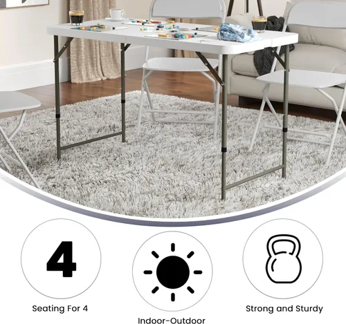 Vista 5 de Flash Furniture Mesa rectangular de plástico plegable de 4 pies con patas ajustables y asa de transporte, mesa de banquete portátil biplegable