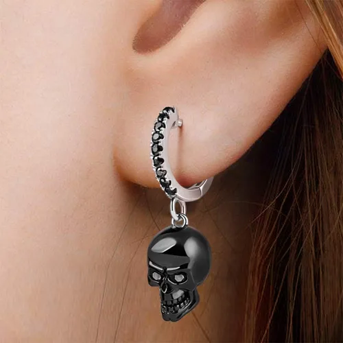 Vista 7 de Gnoce Juego de aretes de calavera y punzón de plata de ley chapada en negro Skull Love con circonita cúbica negra joyería de regalo para mujeres