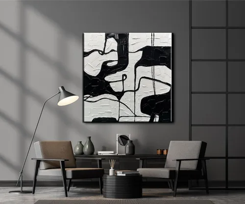 Vista 2 de YaSheng Art - Lienzo decorativo para pared en blanco y negro, pintado a mano con textura gruesa 3D, arte abstracto, pintura al óleo para sala