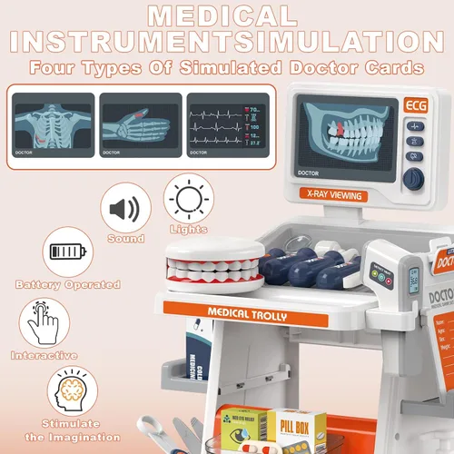 Vista 4 de RedCrab Kit de Doctor para Niños, Juego de Doctores para Niños de 32 Piezas con Carrito Médico, Estetoscopio, Termómetro y Jeringa, Juguete de Juego