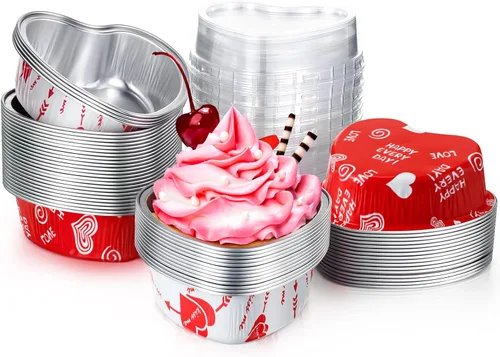Vista 9 de Honeydak 50 juegos de moldes para tartas en forma de corazón de San Valentín con tapas, de papel de aluminio, 3.4 onzas, mini tazas desechables