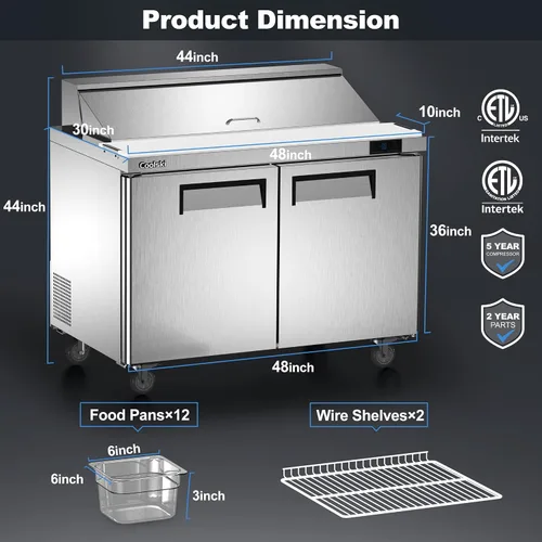 Vista 2 de Coolski mesa comercial para preparar sándwiches y ensaladas, refrigerador comercial de 48 pulgadas con 2 puertas y 12 bandejas, refrigerador