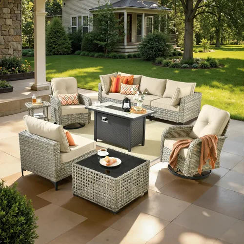 Vista 30 de ovios Muebles de patio de 8 piezas con hoguera, juego de conversación de mimbre de ratán para exteriores con mesa de centro brillante, cómodo sofá