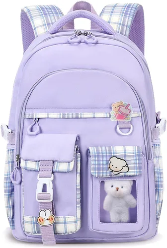 Vista 7 de PRLINJSK Mochila para niñas, mochila escolar linda para niñas, niños y adolescentes, mochila Kawaii para primaria, Negro, Mediana, Mochilas